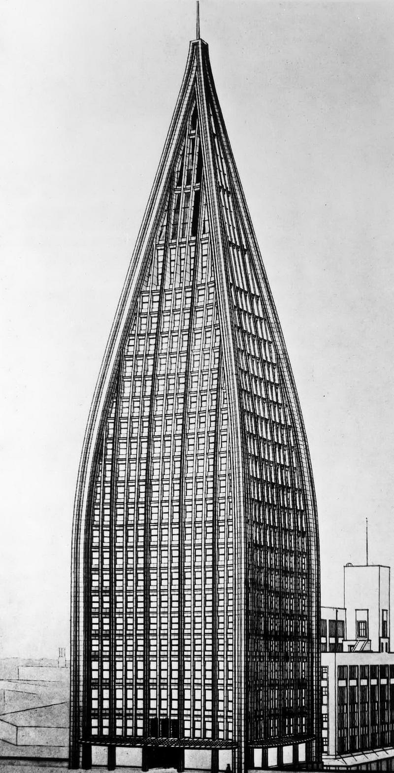 布鲁诺·陶特(bruno taut)设计的摩天大楼,具有表现主义金字塔外形