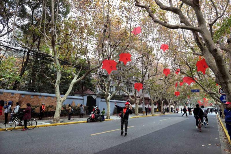 个别市民走到马路中央留影.