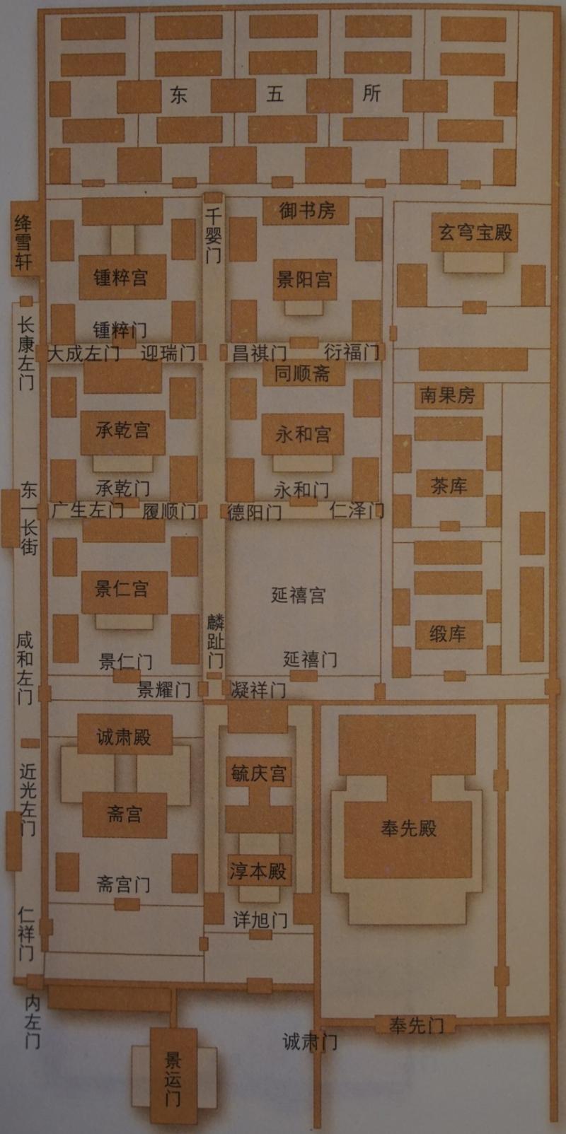 紫禁城的后宫有东宫和西宫之分,分列于"后三宫"(乾清宫,交泰殿,坤宁宫