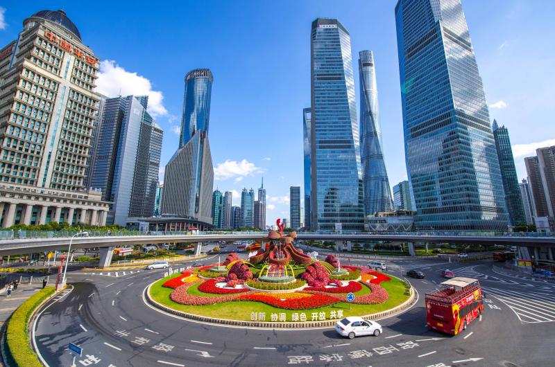 洋溢着喜庆,"浦东开发开放30周年"大型立体花坛现身上海陆家嘴环岛