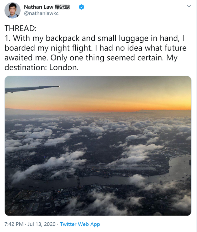 罗冠聪在推特发文，自曝已乘坐夜间航班逃往伦敦。