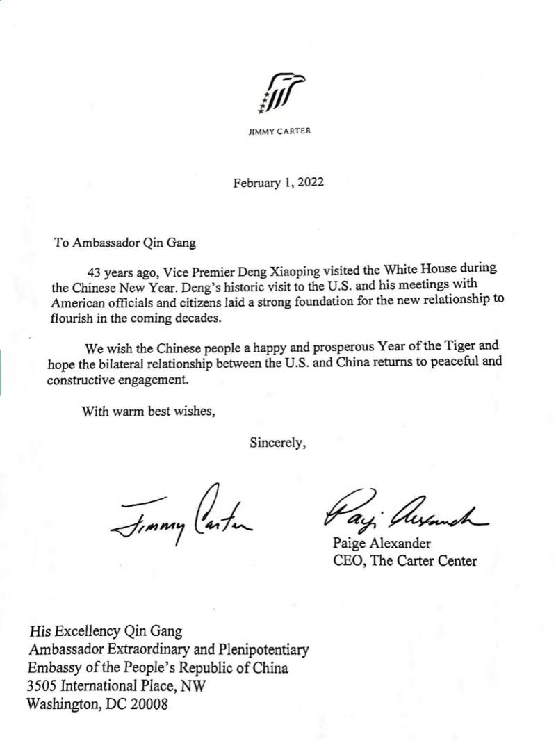 r’s resolution）。祝大家新春快乐、幸福安康！谢谢。美方代表发表视频致辞美前总统卡特、卡