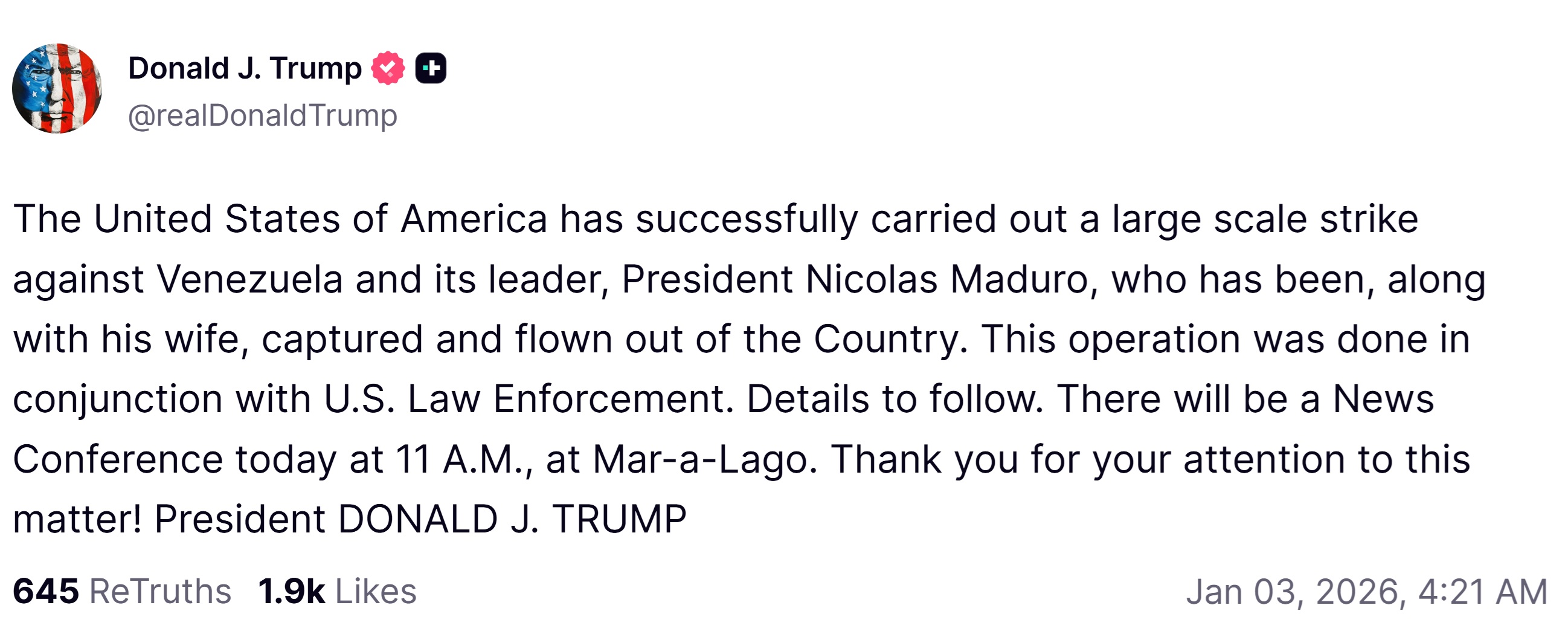 美国“闪击”委内瑞拉时间线：三个多小时后宣布抓到马杜罗