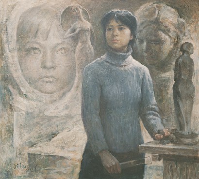 邱瑞敏画笔下的“雕塑者”吴慧明，背景中有吴慧明为女儿所作的雕塑《珂珂》的形象。