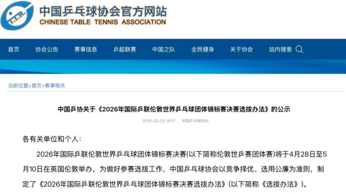 中国乒协公示伦敦世乒赛团体赛选拔办法