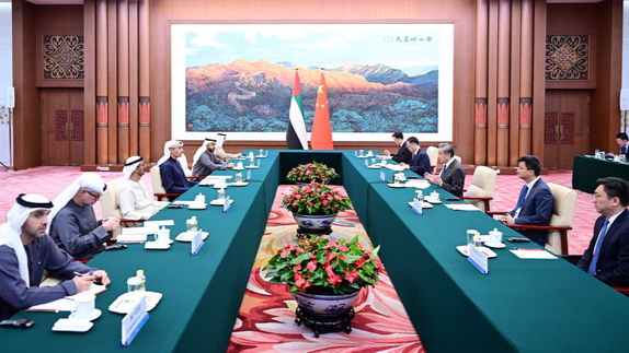 王毅同阿联酋总统中国事务特使哈勒敦会谈