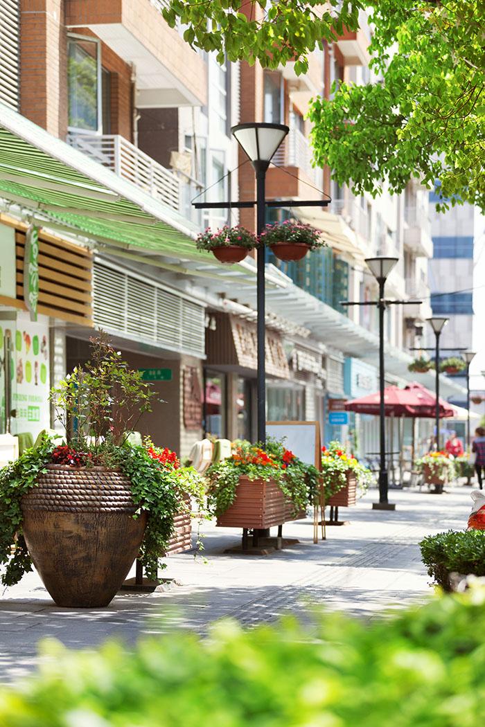 在花香和木栅中露天摆放 大学路 咖啡之香 从五角场飘到了长阳创谷 由