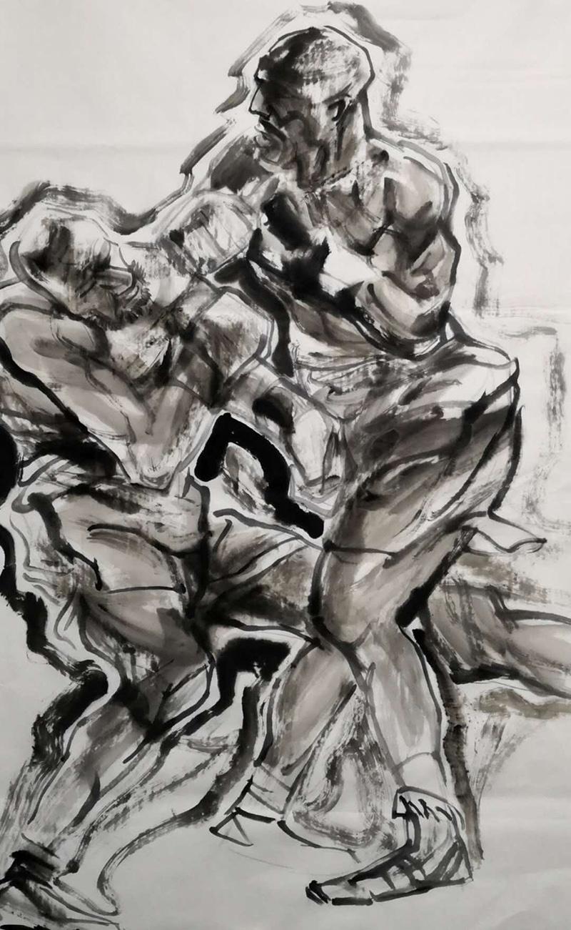 透过两个纠缠的拳击手他释放水墨的当代力量