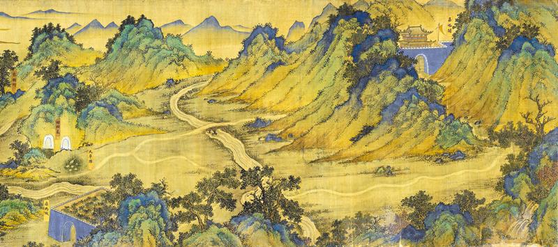 《丝路山水地图》是绘制于明代中后期的青绿山水手卷,描绘了东起